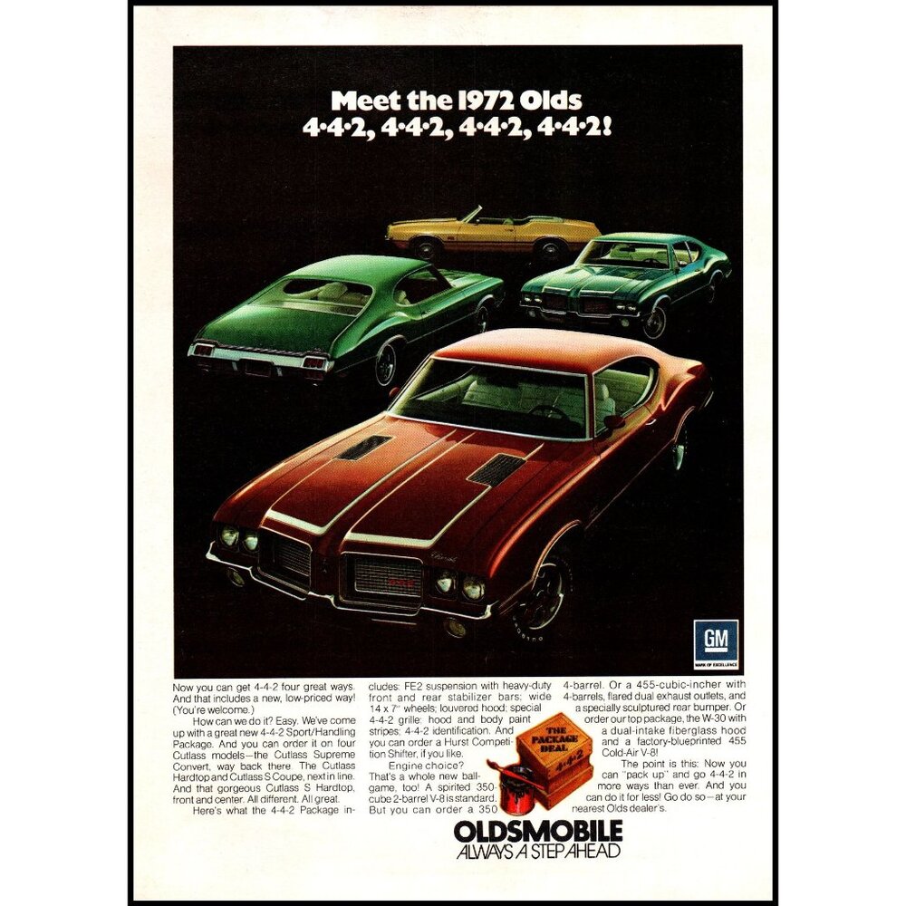 1972 Oldsmobile 442 Convertible Cutlass S Coupe Vintage Print Ad Wall Art 4-4-2
